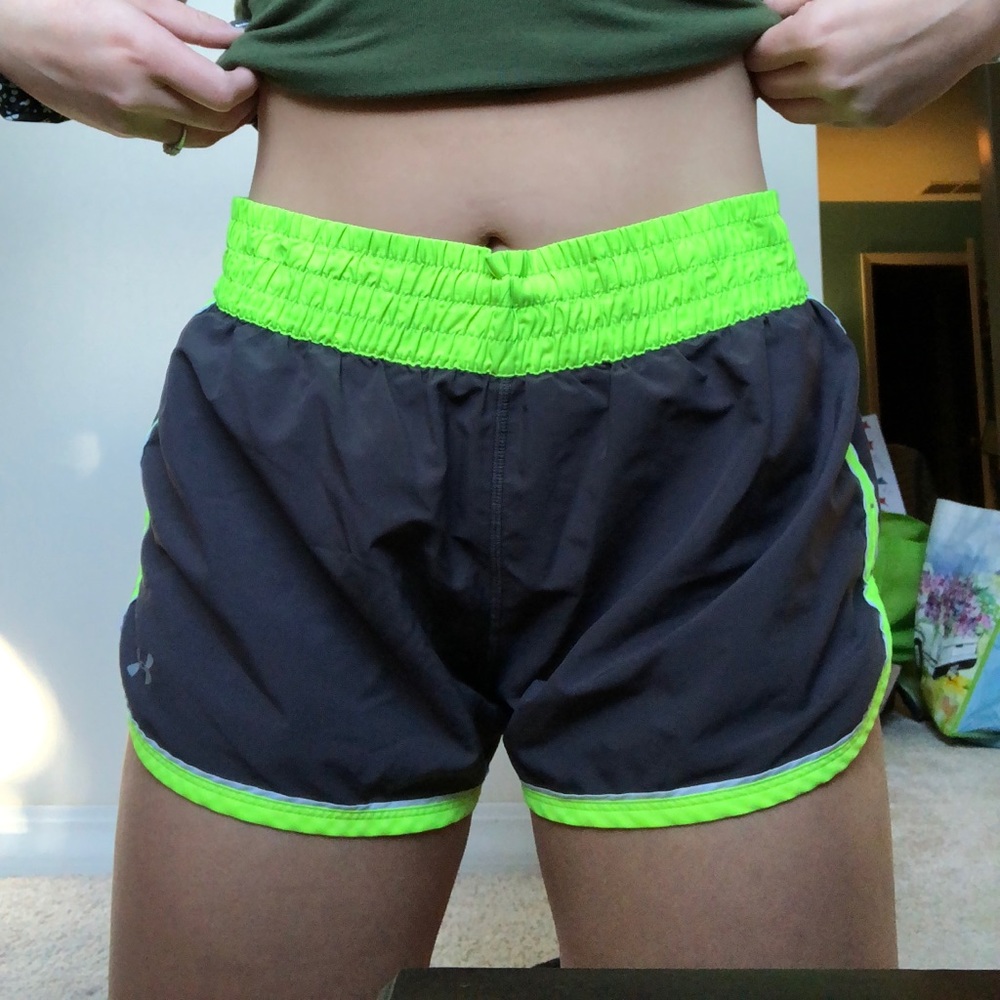Neon green and gray Under Armour athletic shorts